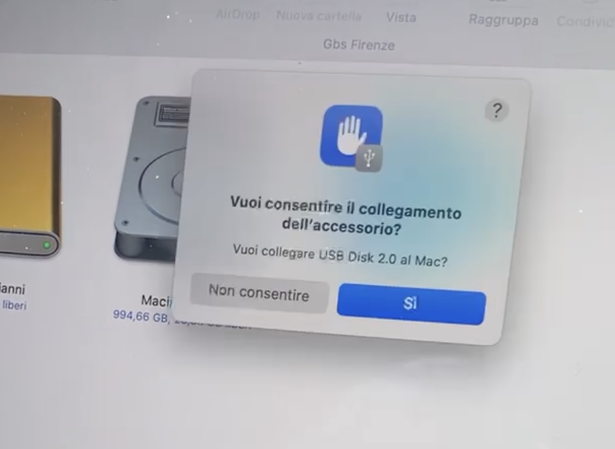 Vuoi consentire il collegamento dell'accessorio?
Vuoi collegare USB Disk 2.0 al Mac?